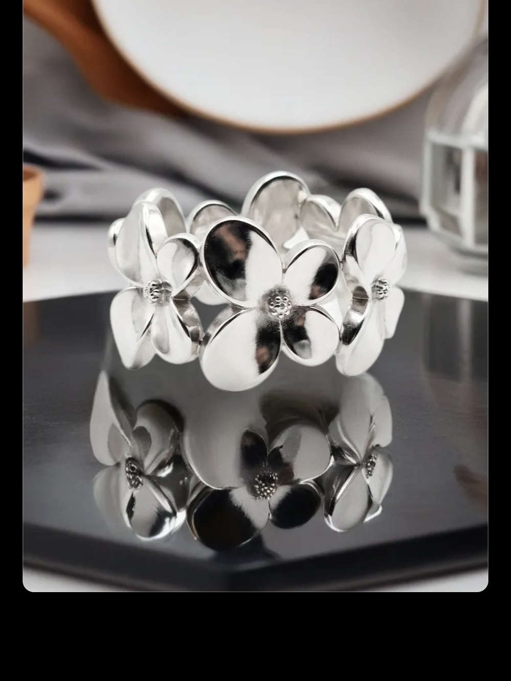 Fashion Jewelry Silver Floral Stretch Bracelet - Women Jewelry